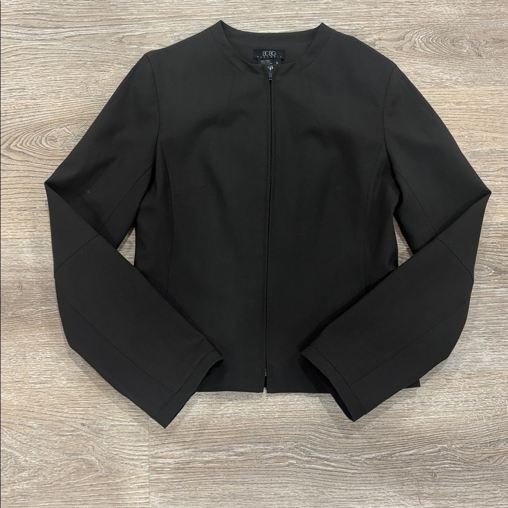 BCBG Max Azria‎ Wool Zip Front Blazer Jacket Black Size 6 Structured Minimalist - Picture 4 of 8